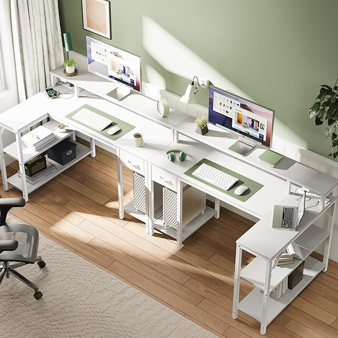 SUPERJARE 47 inch Reversible L Shaped Desk with LED Lights &amp Power Outlets Computer Desk with Shelves &amp Monitor Stand Gaming Desk with Drawer Home Office Desk Corner Desk PU White Drawer