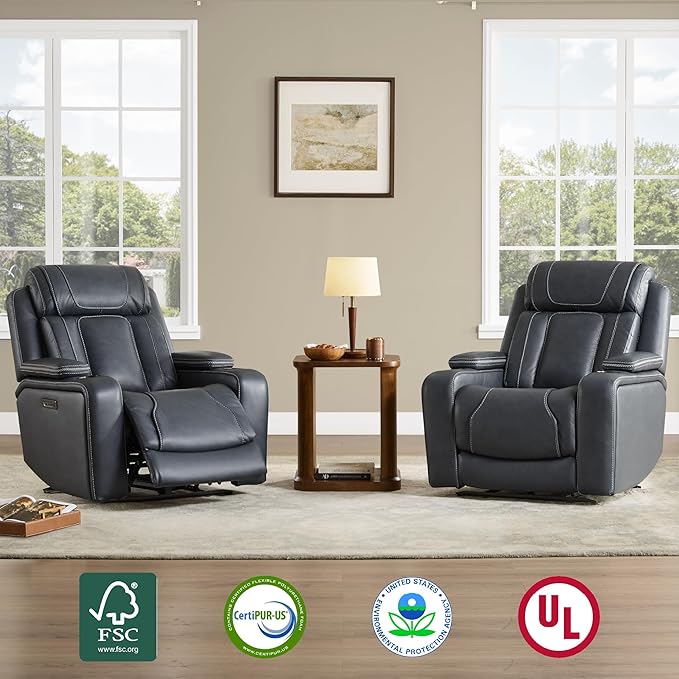 Watson &amp Whitely Super Zero Gravity Recliner Chair Oversized Genuine Leather Electric Recliner W Power Adjustable Headrest &amp Lumbar Support Hidden Storage for Living Room Navy Blue