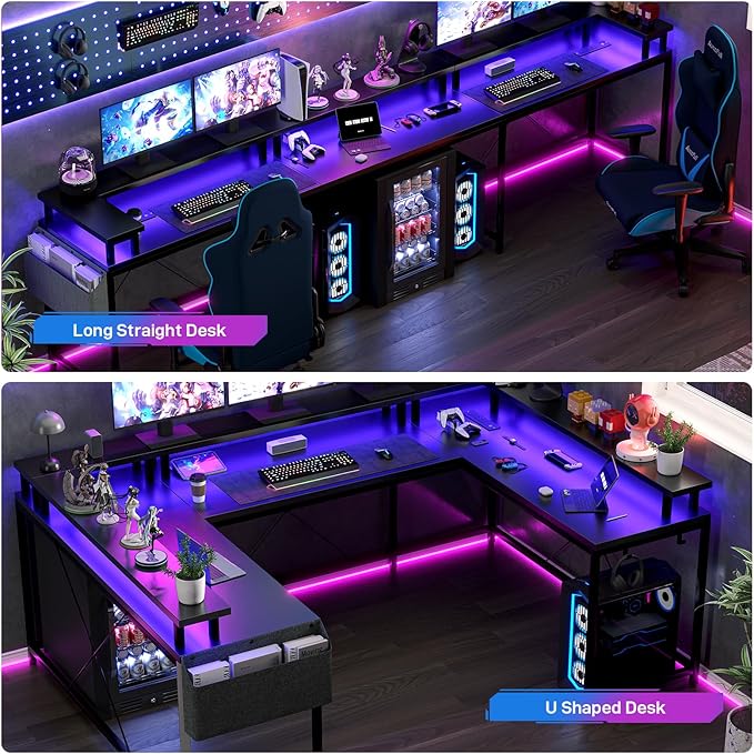 Jojoka U Shaped Desk 79 Inch Large Corner Office Desk with Monitor Stands Reversible L Shaped Computer Gaming Desk with Power Outlets &amp LED LightsU Shaped Gaming Desk (Black)
