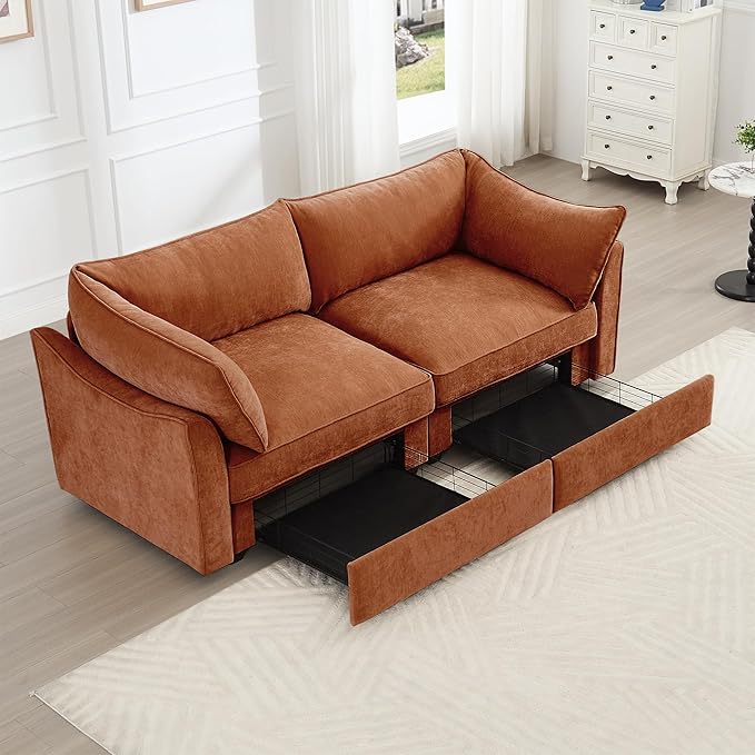 Modular Sectional Sofa with Pull Out Storage Drawers 78.7 Comfy Upholstered Chenille 2-Seat Sofa Oversized Deep Loveseat Couch 2 Armrest Pillows for Living Room Bedroom Apartment Orange