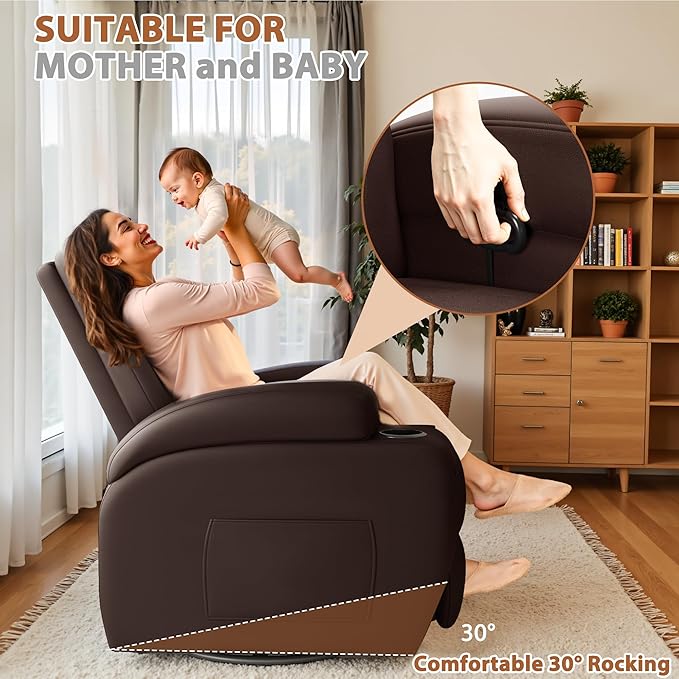 Flamaker Swivel Rocker Recliner Chair with Vibration Massage 360° Swivel Recliner Chairs for Adults Ergonomic Lounge Chair with Cup Holders Lazy Boy Recliner Single Sofa Seat (Leather Brown)