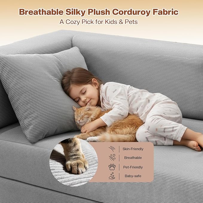 79 Inch Convertible Sofa Bed Couch in Box 5 in 1 Folding Modular Boneless Couch with Pull Out Bed 2 Pillows Soft Corduroy Floor Futon Lounge Loveseat Sleeper Lazy Cama No Assembly Light Grey