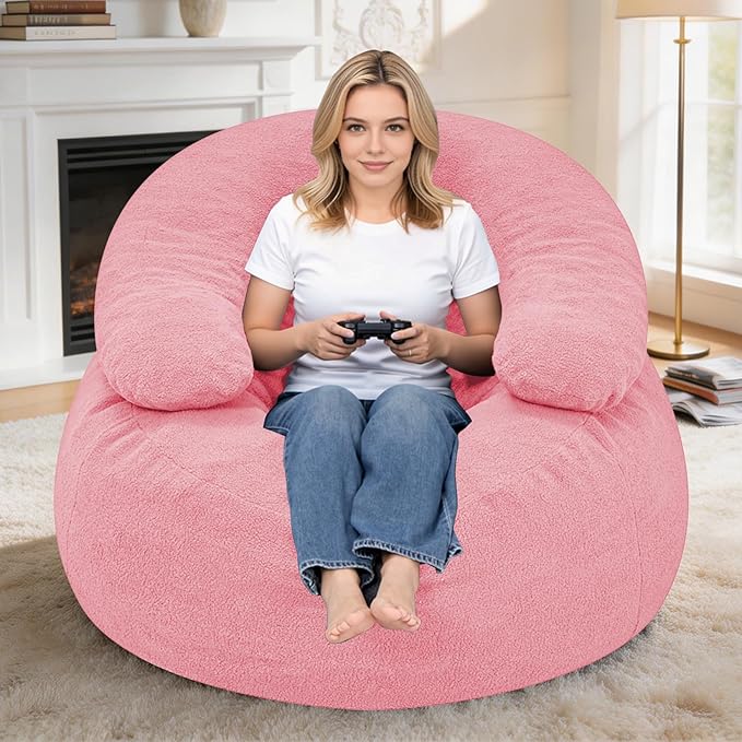 HABUTWAY Giant Bean Bag Chair Oversized Beanbag Chair with Filler Ultra Soft Teddy Fleece Bean Bag Lounge Floor Sofa w/U-Shaped Pillow for Gaming Reading Pink&amp Pink