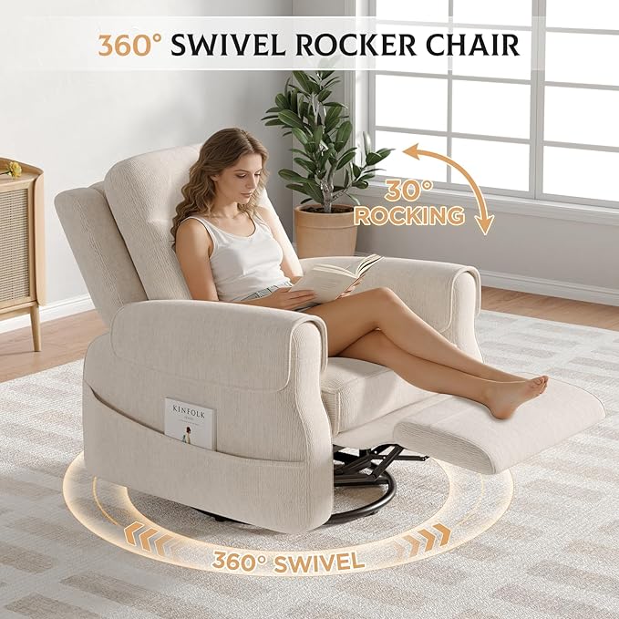 Maupvit Faux Shearling Recliner Chair - 360° Swivel Rocker with Adjustable Footrest and Backrest Plush Upholstered Single Sofa for Small Spaces for Living Room/Nursery/Home Theater (Cream White)