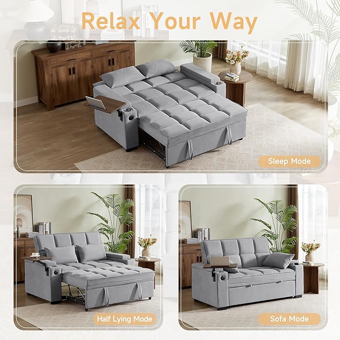 65 Sleeper Sofa Bed Loveseat Convertible Couch for Living Room RV Sofa with Adjustable Backrest Chaise Lounge Side Table USB &amp Type-C Ports