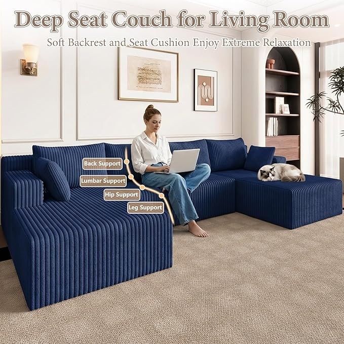123 Cloud Modular Sectional Couch U-Shaped with Two Chaise Corduroy Boneless Couch for Living Room Bedroom Deep-Seat Upholstered Modular Cloud Sofa No Assembly Required Navy Blue