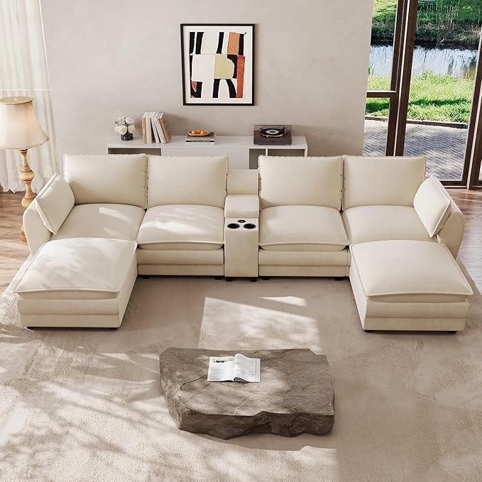 145'' Oversized Modular Sectional Sofa U Shaped Cloud Sectional Couches for Living Room Deep Seat Sofa with Central Console USB Port Cup Holders Movable Ottomans (Beige White)
