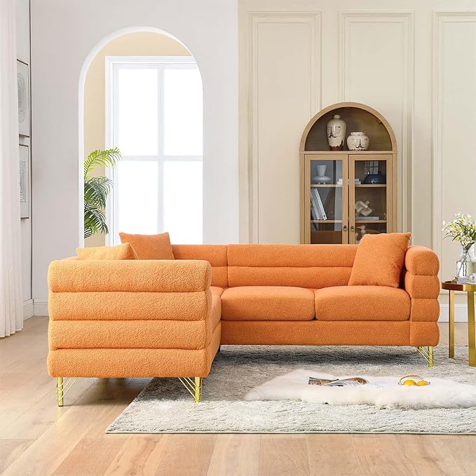 Antetek L-Shaped Sectional Couches Modern Teddy Fabric Upholstered Chaise Lounge Sofa Couch with Square Arm and 4 Golden Metal Legs for Living Room Office Orange