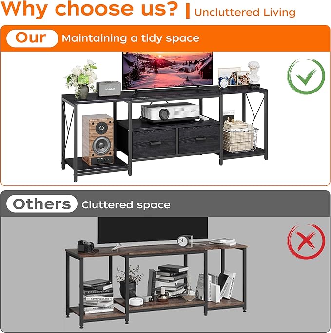 Homeiju TV Stand for TVs up to 75 Inch Entertainment Center with Fabric Drawers TV Media Console Table with Open Storage Shelves for Living Room Bedroom Black