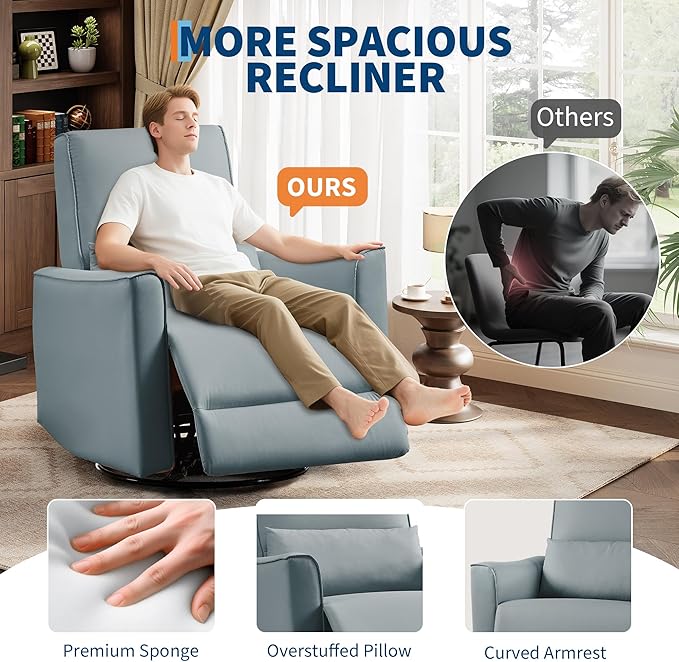IDEALHOUSE 360° Swivel Glider ChairUpholstered Fabric Glider ReclinerErgonomic Single Sofa ArmchairFaux Leather Manual Glider for Living Room Bedroom Nursing Use(Grey)