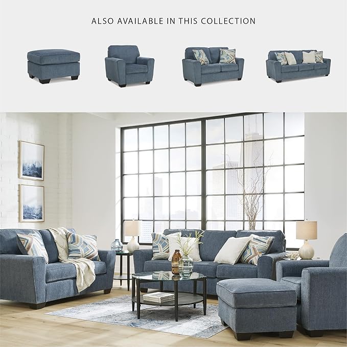 Signature Design by Ashley Cashton Contemporary Loveseat Exposed Feed With Faux Wood Finish Accent Pillows Fabric Upholstery 63 W x 38 D x 39 H Blue