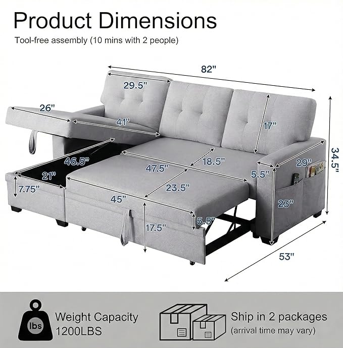Convertible Sleeper Sofa Bed with Pull Out Couch L Shaped Couch with Chaise Storage USB Charge &amp Side Pocket Small Sectional Couches for Living Room Apartment | Linen Fabric | 82 | Light Grey