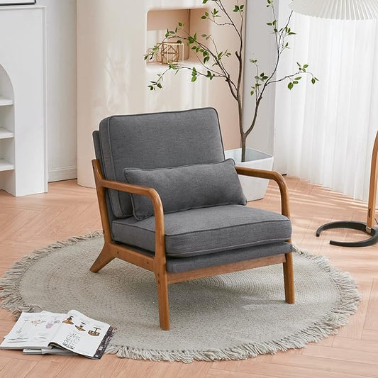Accent Chair Upholstered Mid-Century Modern Chair with Lumbar Pillow&ampSoft CushionLounge Reading Armchair with Solid Wood Framefor Living Room Bedroom Balcony Grey