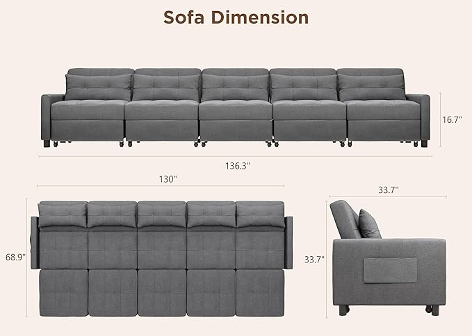 Aiho Pull Out Couch Convertible Sofa Bed with Adjustable Backrest 5 Seater Sectional Sleeper Sofa Couch Bed with Spring Support for Apartment Living Room Dark Grey