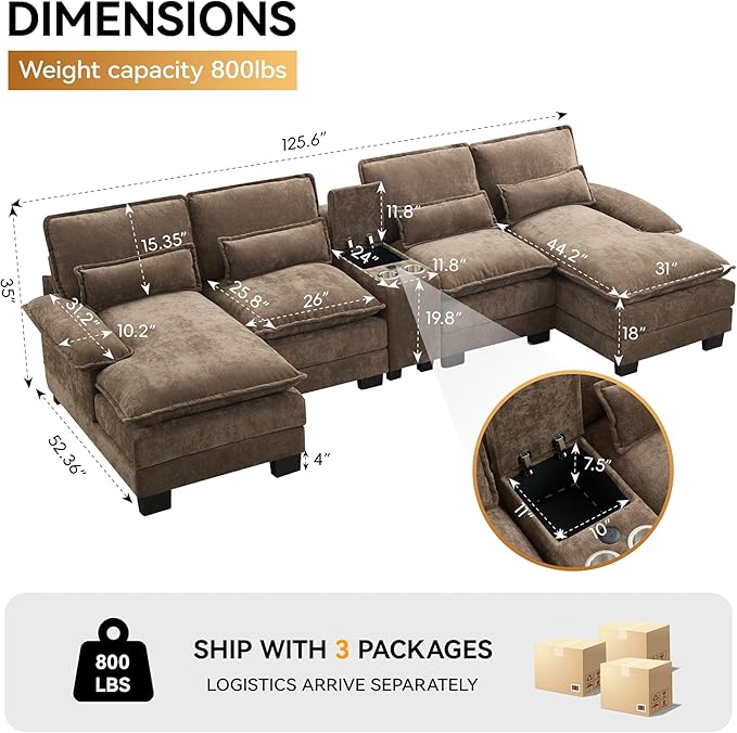 125'' U Shaped Cloud Modular Sofa with Chaise Lounges Chenille Upholstered Comfy Sectional Couch with Storage Console USB Charging Ports &amp Cup Holders Small Deep Seat Sofa for Living Room Brow