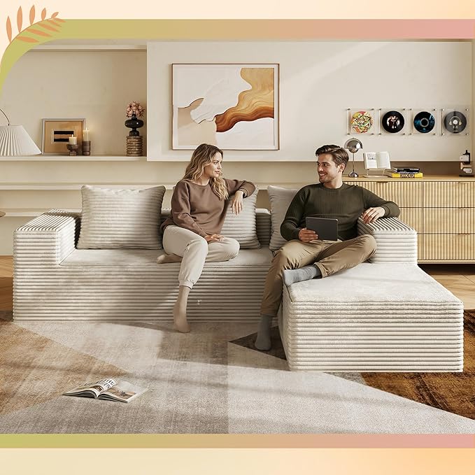 WLIVE 104'' Cloud Sectional Couches for Living Room Modular Boneless Couch with Left Facing Chaise L Shape Memory Foam Corduroy with Cushion Beige