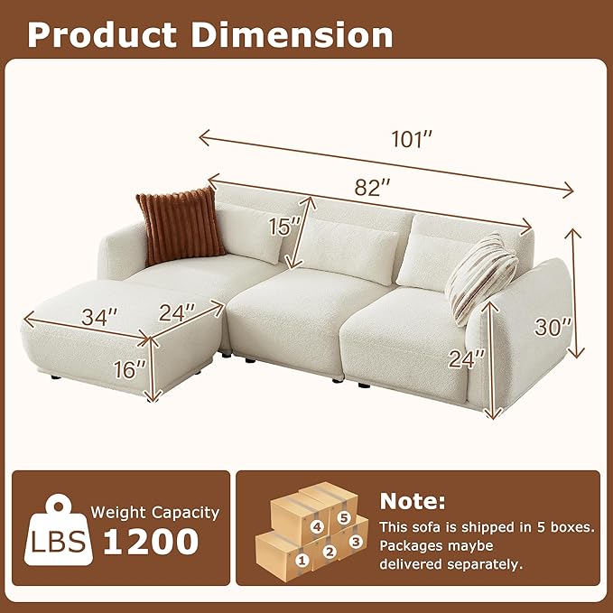 L Shaped Modular Sectional Couch with Removable Ottoman Convertible Cloud Sofa for Living RoomComfort Small Couch for Small Spaces(3 Set + 1 Ottomans - White)