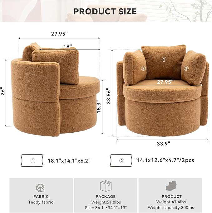 FOXHUNTER Swivel Barrel Chair 360 Degree Swivel Round Storage Chair with 3 Pillows Oversize Teddy Swivel Accent Chair Comfy Single Sofa Chair for Nursery Living Room Bedroom (Khaki)