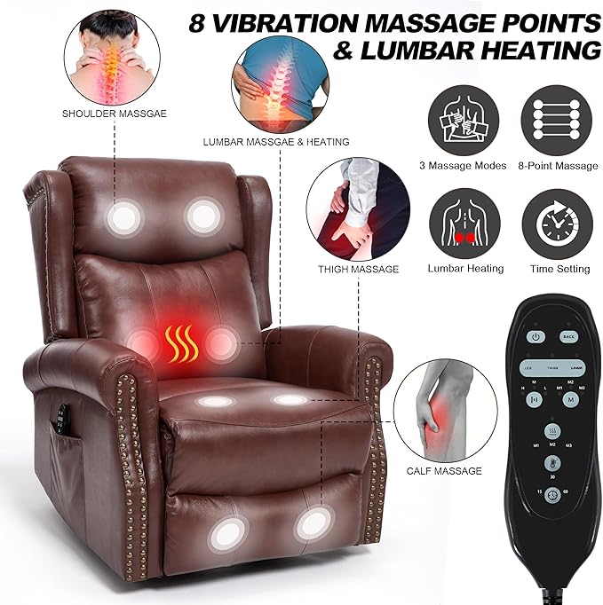 Manual Rocker Swivel Recliner Chair for Adults Vibration Massage Reclining Glider Chair with Lumbar Heat Rivet Design Single Sofa for Living Room Genuine Leather Dark Red