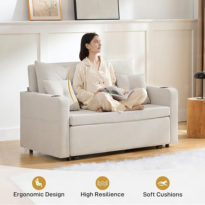 Convertible Sleeper Sofa Bed 56 Loveseat Sleeper Sofa with Pull Out Couch Bed Full Size Storage Pocket USB Port Comfy Small Couches for Living Room Bedroom Apartment Beige