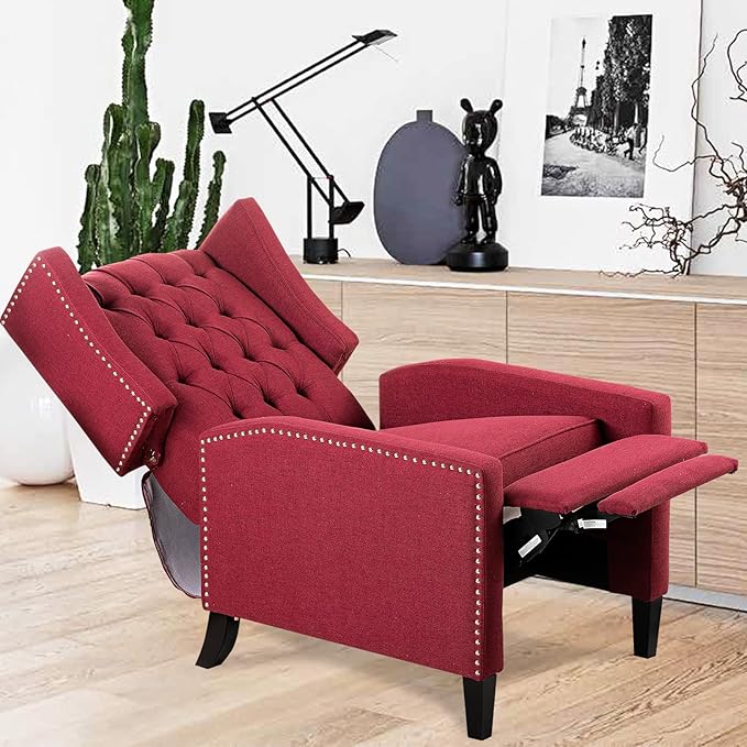 Recliner Chair for Adults Red Fabric Accent Chairs Living Room Mid-Century Modern Recliner Button Tufted Club Chair Upholstered Vintage Reclining Reading Arm Chair 27 Wide