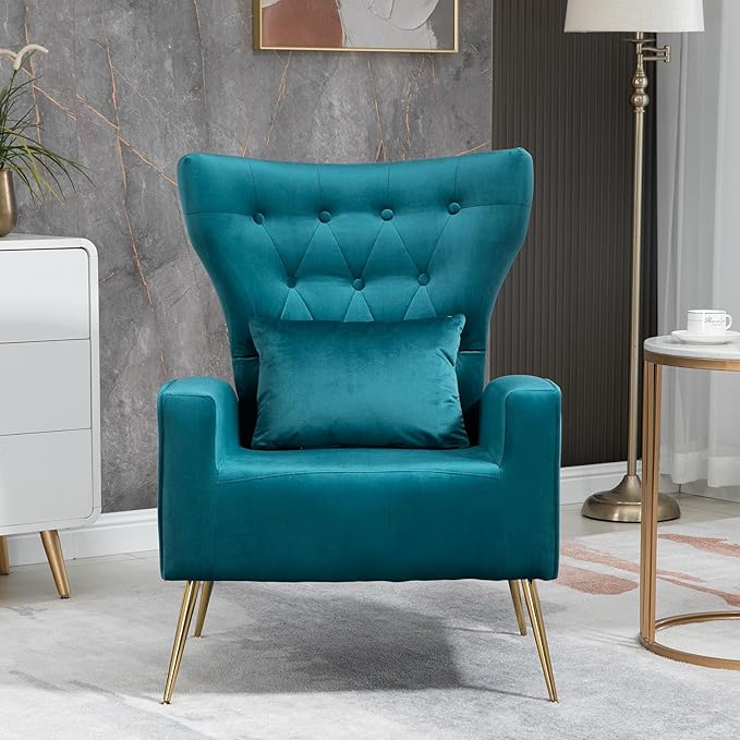 X-VOLSPORT Button-Tufted Velvet Accent Chairs Set of 2 Mid Century Modern Living Room Chair with High Wingback Upholstered Arm Chair with Metal Gold Legs for Bedroom Club Teal Blue