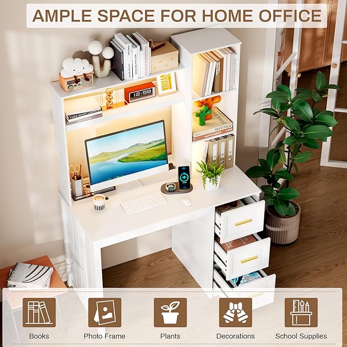 LVSOMT 40” Home Office Desk with Hutch and Drawers Computer Desk with Power Outlets and LED Light Study Writing Gaming Table with Storage Shelves Workstation for Bedroom White