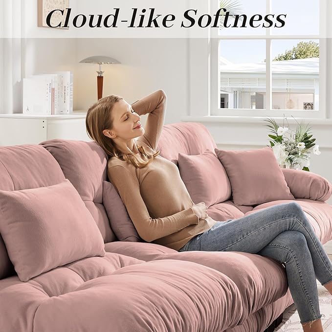 Modular Sectional Sofa for Living Room134 L-Shaped Comfy Couch with Ottoman Oversized 3 Seater Pink Sectional Couches with Pillows Fluffy Couch Set with Deep Seat