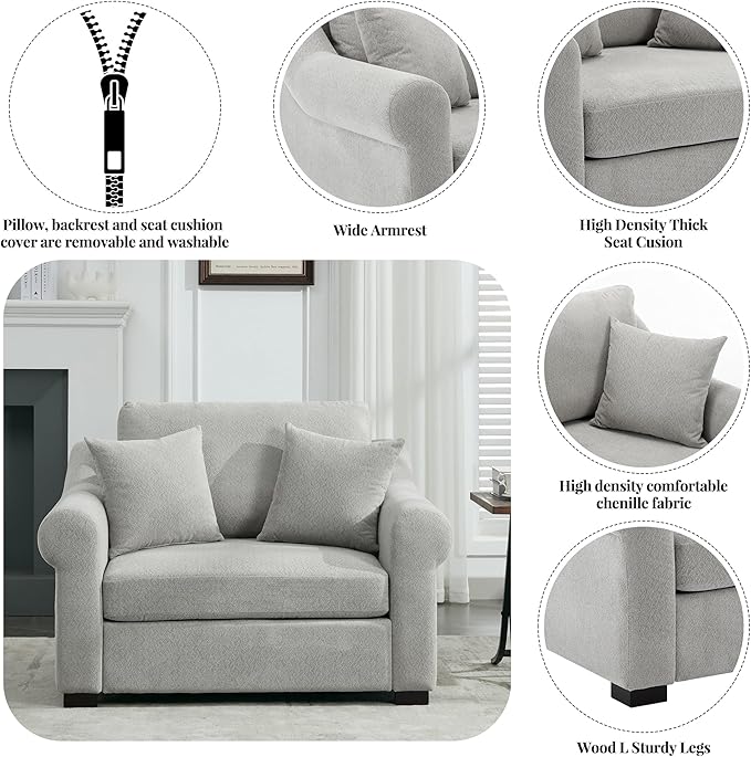 Modern Chenille Oversized Armchair 44.5 Wide Accent Chair Luxurious Chenille Fabric Single Sofa Chair with Pillows and Wide Armrests Living Room Apartment Offices (Light Gray-44.5'')