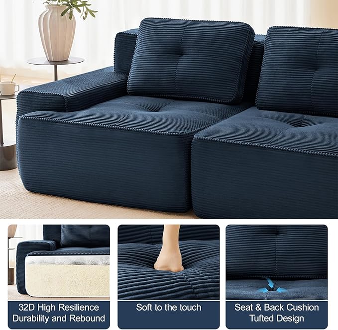 115 Modern Blue Corduroy Boneless Sofa Set 3 Seater Modular Sectional Couches for Living Room Compressed Memory Foam Cloud Couch with 2 Ottoman Deep Seat No Assembly Sofas para Sala U Shaped