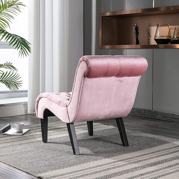Yoluckea Modern Upholstered Accent Chair S-Shape Armless Lounge Chair for Bedroom Living Room Comfy Velvet Chaise Chairs with Button Tufted Back and Solid Wood Legs Pink