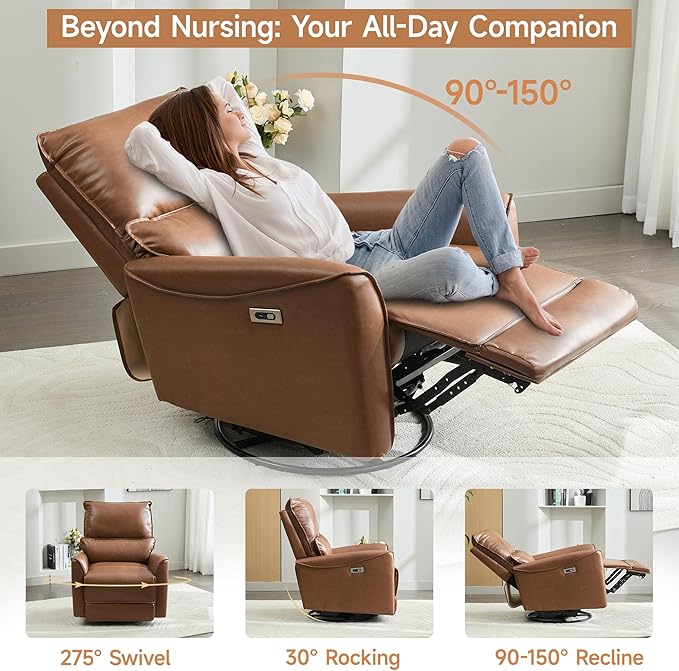 Power Swivel Rocking Recliner Chair for Nursery PU Leather Glider Rocker Recliner for New Parents Modern Small Recliners for Small Spaces/Living Room/RV Brown