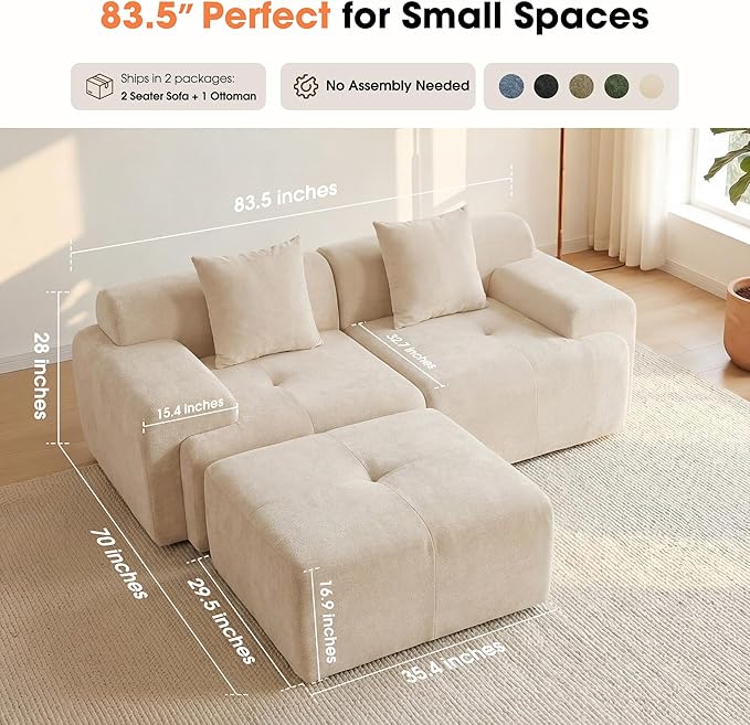 83.5 Modular Sectional Sofa Luxury 32.6 Deep Seat Cozy Cloud Couch L-Shaped Boneless Couches for Living Room Apartment Bedroom No Assembly Required(Beige) | 17 Thickened Seat Super Soft Seat