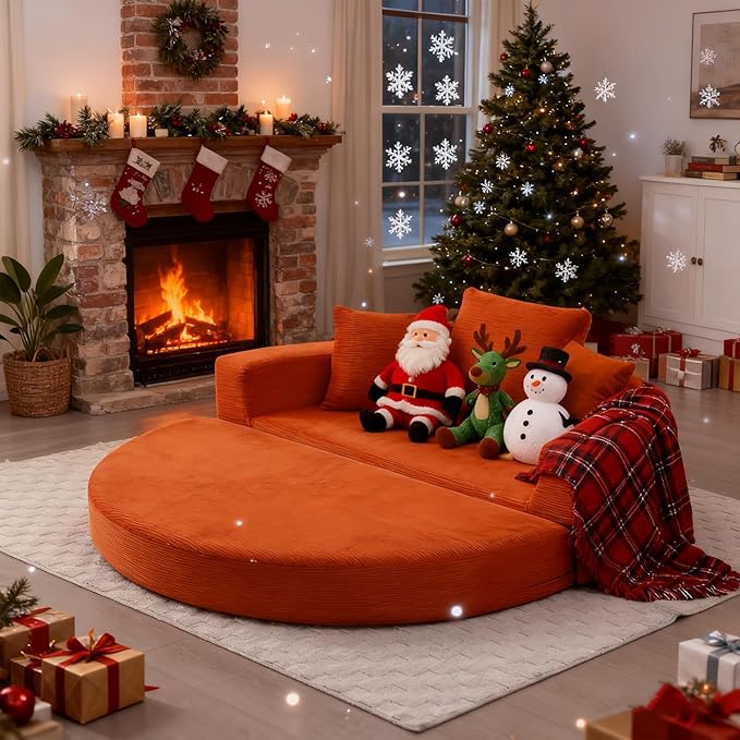 67'' Circular Convertible Compressed Sofa Bed Orange Corduroy Floor Lounge Round Boneless Couch Loveseat Sleeper Sofa Couch with 3 Cushions No Assembly for Apartment Bedroom (Orange 67)