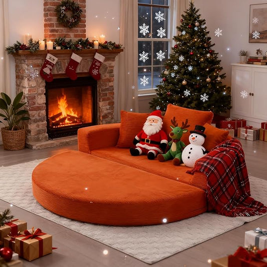 67'' Circular Convertible Compressed Sofa Bed Orange Corduroy Floor Lounge Round Boneless Couch Loveseat Sleeper Sofa Couch with 3 Cushions No Assembly for Apartment Bedroom (Orange 67)