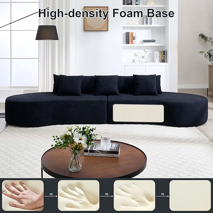 130.5” Oversized Curved Sectional Sofa Modern Cloud Curved Couch Boneless Compression Sofa with 3 Pillows for Living Room Apartment Office No Assembly Required Terrycloth Fabric Black