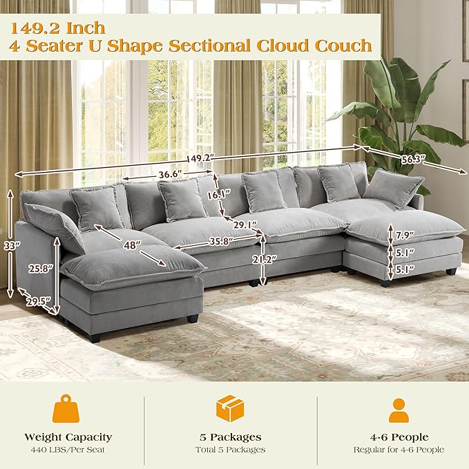 149.2 Modular Sectional SofaU Shaped Couch for Living RoomModern Deep Seat Sofa 3 Seater Chenille Fabric Comfy Cloud Couches with Throw Pillows &amp Movable Ottoman