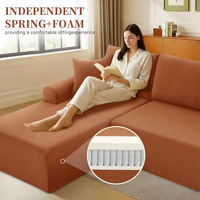 Modular Sectional Couch in a Box 103 L Shaped Boneless Cloud Couch with Deep Seat Convertible Sofa Bed for Living Room Bedroom Apartments No Assembly Required Orange Left Facing Chaise
