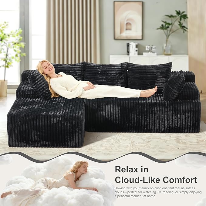 Redlife 95 L-Shaped Modular Sectional Sofa Faux Rabbit Fur Modular Floor Couch with Chaise High-Density 30D Foam Sponge No Assembly Required 5 Pillows Compressed for Living Room (Black)