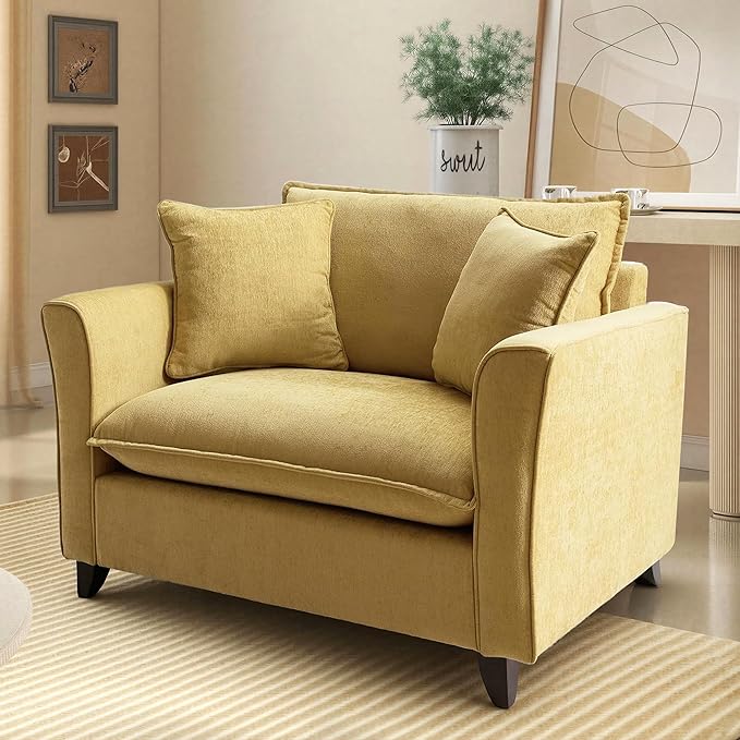 ERYE 46.9 Chenille Upholstered Accent Chair Wide Seat for Living Room Bedroom Modern Leisure Cushion Armchair W/ 2 Pillows and Removable Cover for Home Apartment Office