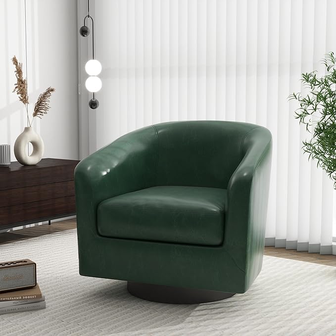 Swivel Barrel Accent Chair Modern Round Faux Leather Arm Chair for Living Room Bedroom Comfy Club Reading Chairs for Adults(Faux Leather Green Set of 2)