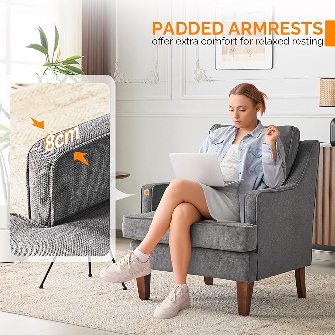 VINGLI Mid-Century Accent Chairs Light Grey Upholstered Armchair Comfy Sofa Chair Reading Chair High Back Living Room Bedroom Furniture for Apartment