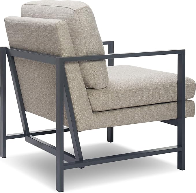 Tommy Hilfiger Russell AccentChair Medium-Soft Pillow Back Mid-Century Modern &amp Industrial Armchair Comfortable LoungeChair for Living Room Bedroom or Office Gray Square Metal Frame in Linen