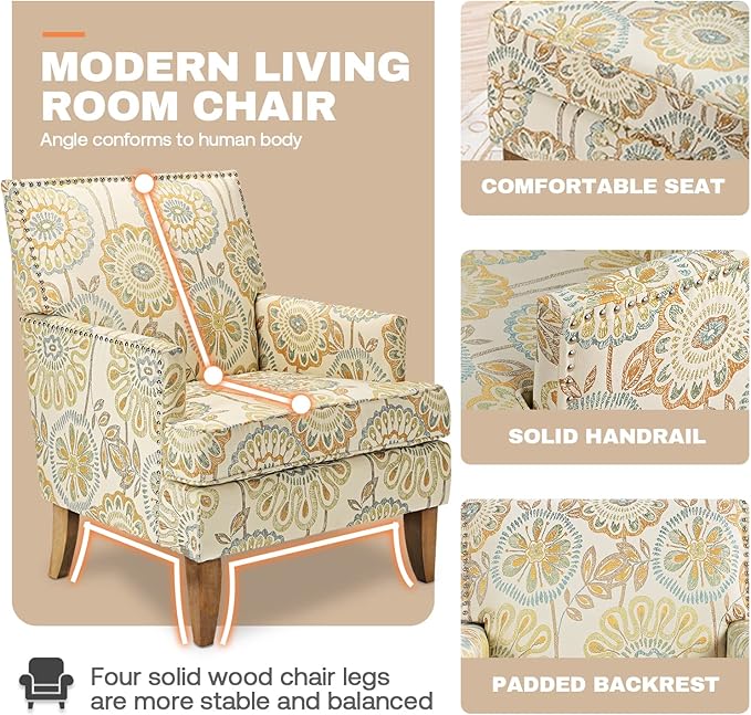Floral Accent Sofa Chair Wingback Sofa Chair Comfy Club Chair Pattern Single Chair Upholstered Reading Arm Chairs for Living Room Bedroom (Beige Yellow)