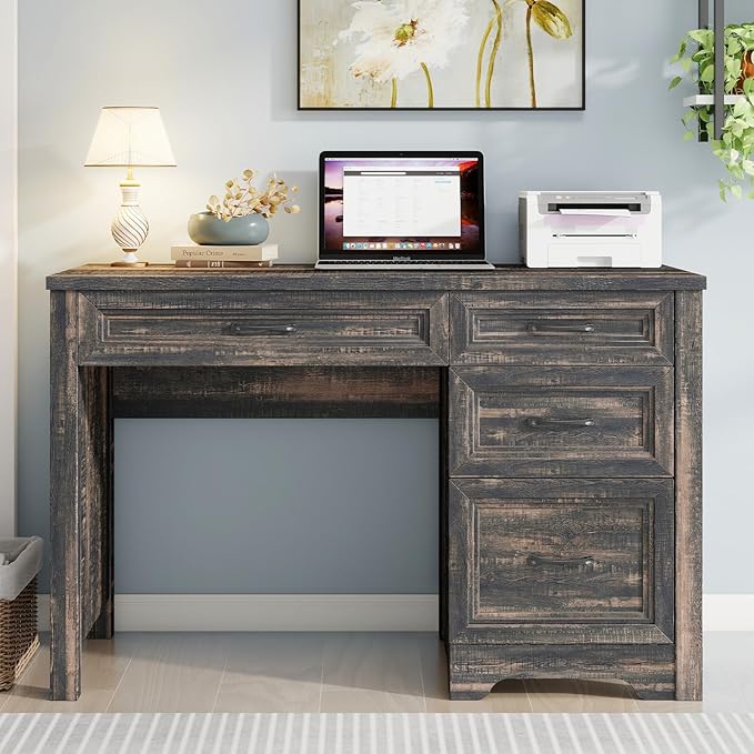 Farmhouse Executive Desk with Drawers Wood Computer Desk with Ample File Drawer Rustic Home Office Desk with Storage for Bedroom Living Room Dark Oak