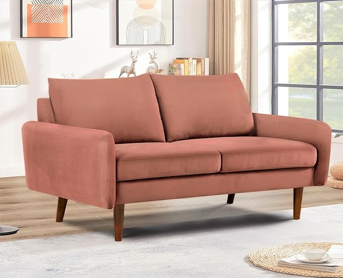 Kent Velvet Loveseat Sofa for Modern Living Rooms and Compact Spaces Comfy 2 Seater Couch Studio Apartment Furniture with Sleek Design Rose