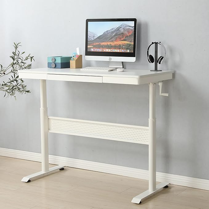 (White Tabletop) 48 x 24 InchesStanding Desk with Metal Drawer Adjustable Height Stand up Desk Sit Stand Home Office Desk Ergonomic Workstation