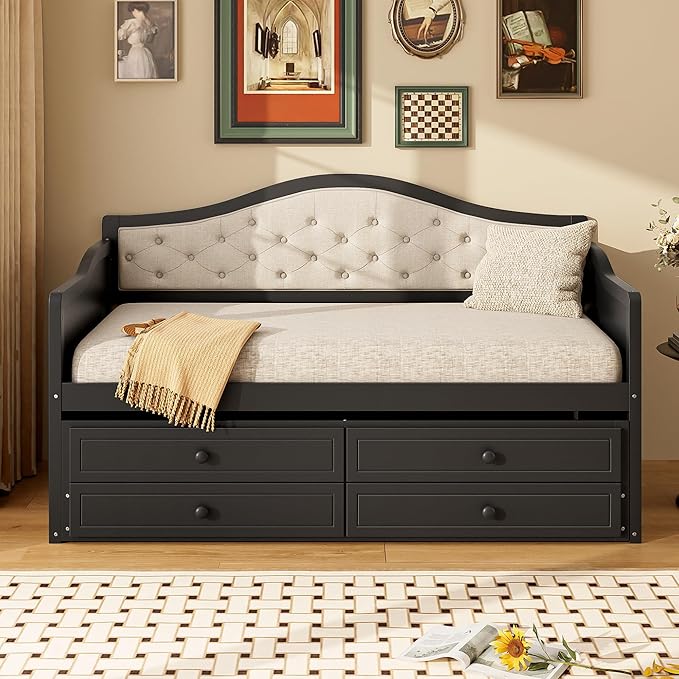 Twin Daybed with Trundle Twin Size Daybed with 2 Storage Drawers Wooden Sofa Bed with Upholstered Button Tufted Backrest for Living Room Bedroom Guest RoomBlack