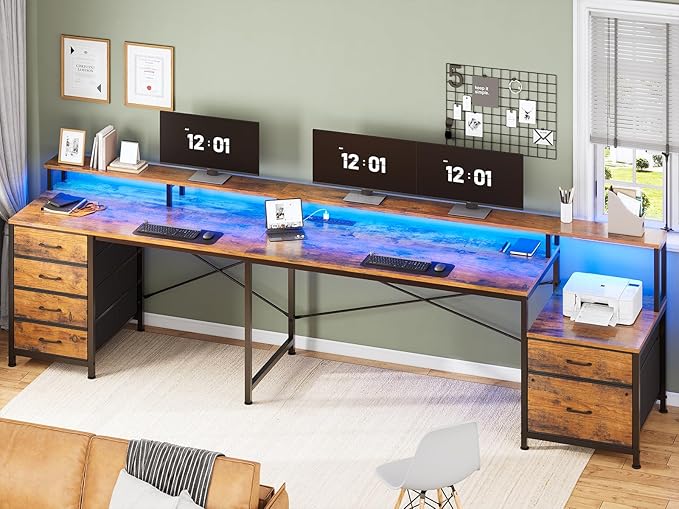 SEDETA L Shaped Desk with 6 Drawer 108 Home Office Desk with File Drawer &amp Power Outlet Corner Computer Desk with Monitor Shelf Two Person Desk Gaming Desk with Led Lights Rustic Brown
