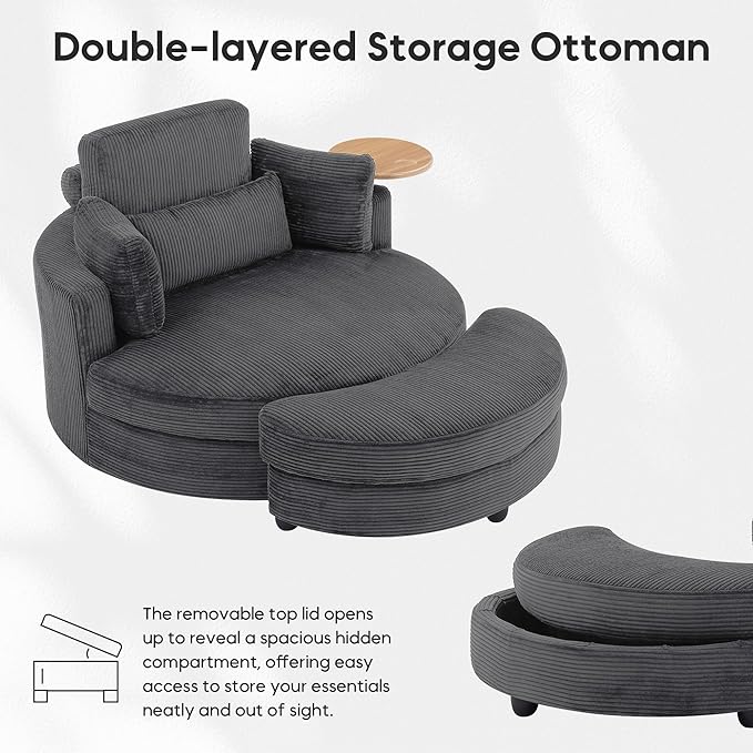 Yoglad Oversized Round Swivel Accent Chair with Ottoman &amp Wooden Armrest Tray – 360° Rotation and Stylish Modern Corduroy Fabric Perfect for Living Room/Apartment/Studio(Gray)